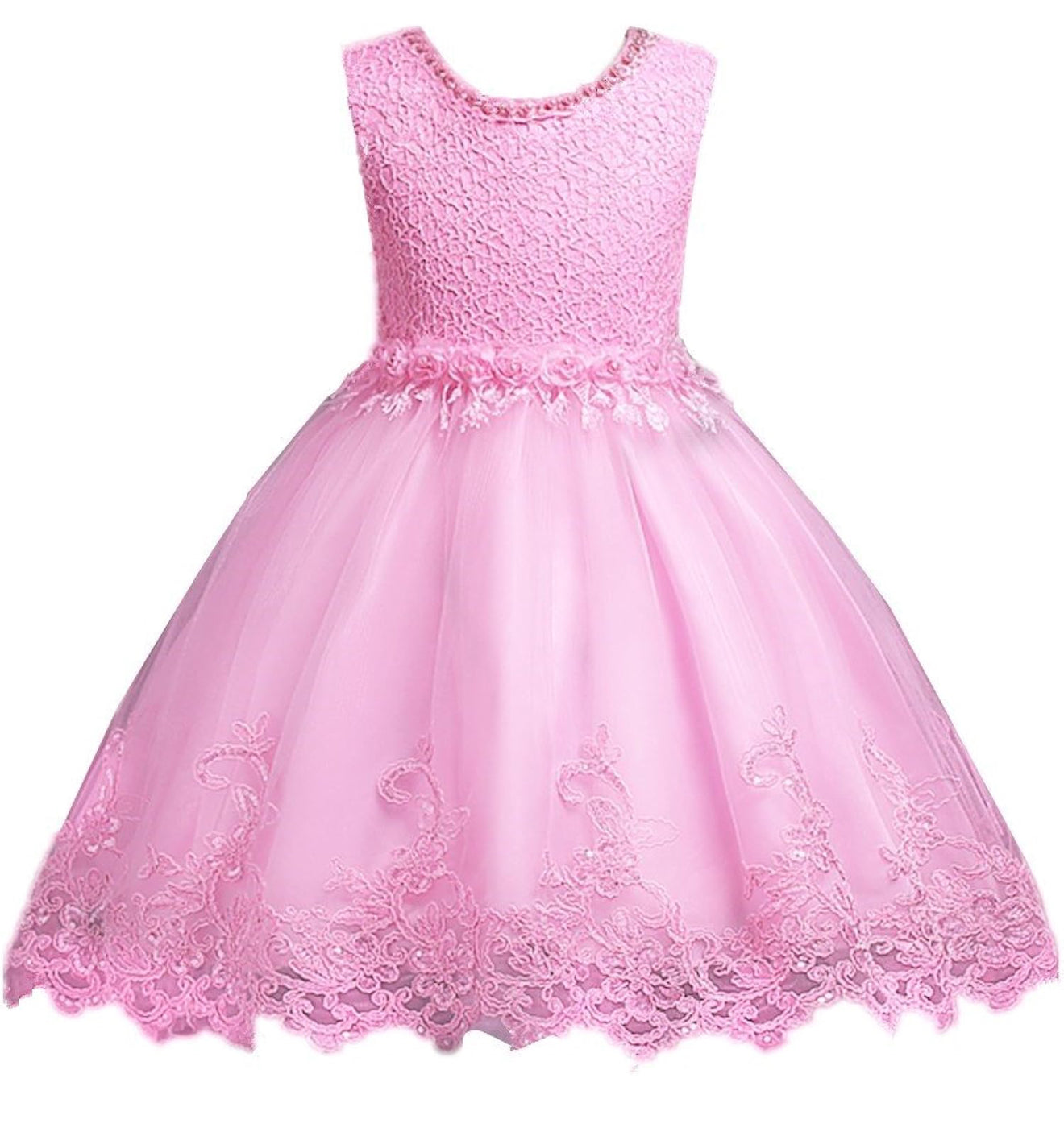 DreamHigh Flower Girl Dress for 3-10 Years Old Girls by AURORE LUXURE, displaying a beautiful pink floral-embroidered dress with details that add elegance and charm.