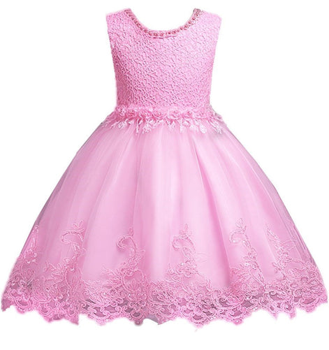 DreamHigh Flower Girl Dress for 3-10 Years Old Girls by AURORE LUXURE, displaying a beautiful pink floral-embroidered dress with details that add elegance and charm.