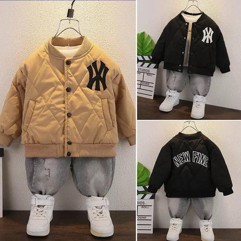 Boys' thickened winter baseball jacket collection by AURORE LUXURE, featuring stylish black and beige options, perfect for little ones.