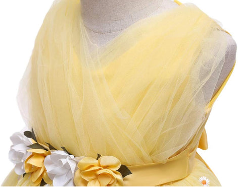 Floral detailing on a yellow dress highlighting its elegance in the Baby Girls Dresses Summer range.