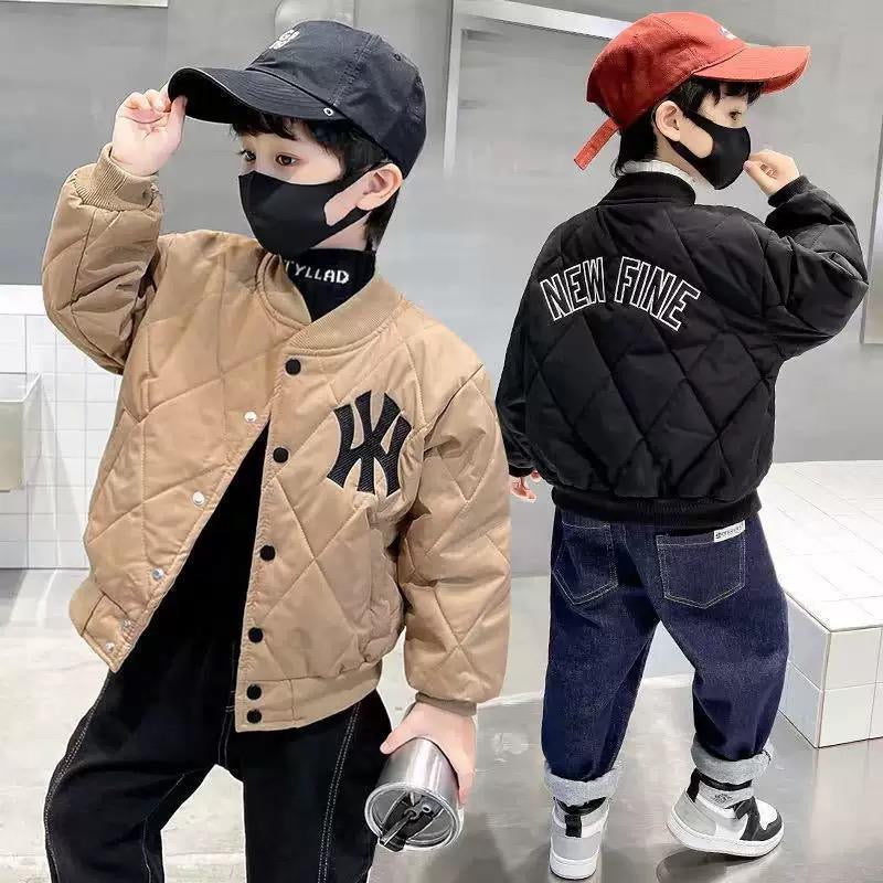 Boys' thickened winter baseball jacket by AURORE LUXURE shown on a young boy, with stylish details and a cozy fit, perfect for ages 0 to 6.