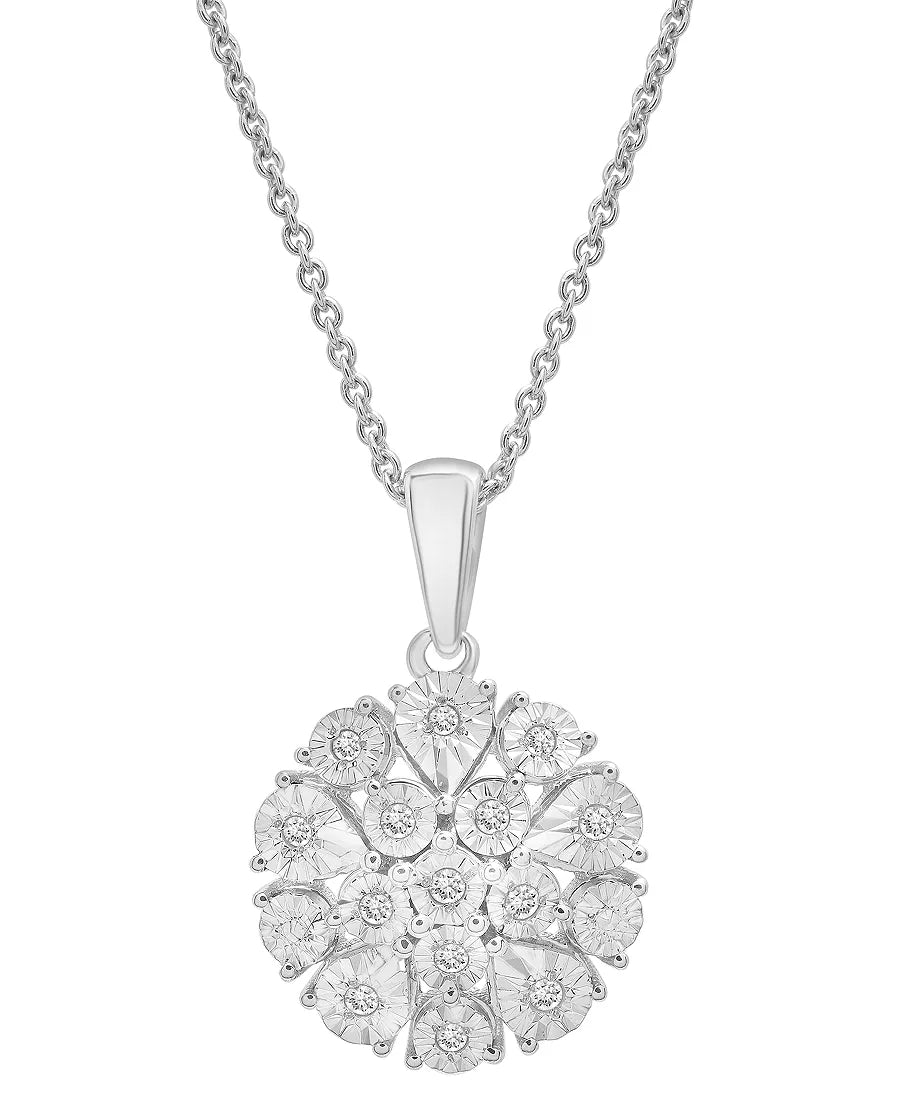 Diamond Flower Cluster Pendant Necklace & Earrings Set (Sterling Silver)