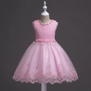 DreamHigh Flower Girl Dress for 3-10 Years Old Girls by AURORE LUXURE, featuring a pretty pink floral-embroidered design with pearl embellishments and a soft tulle skirt.