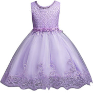 DreamHigh Flower Girl Dress for 3-10 Years Old Girls by AURORE LUXURE, featuring a beautiful purple floral dress with intricate pearl embroidery and a stylish tulle skirt.