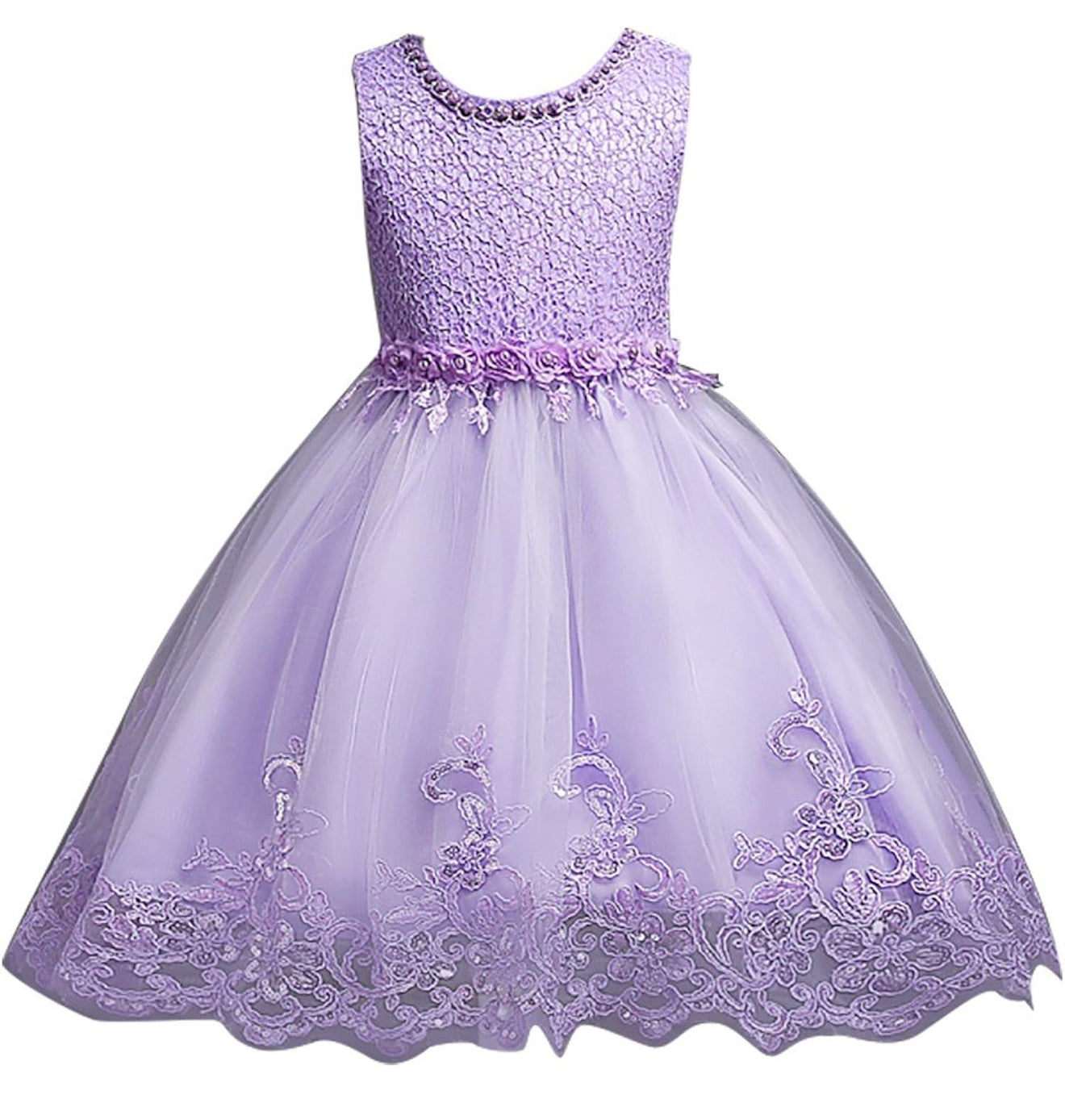 DreamHigh Flower Girl Dress for 3-10 Years Old Girls by AURORE LUXURE, featuring a beautiful purple floral dress with intricate pearl embroidery and a stylish tulle skirt.