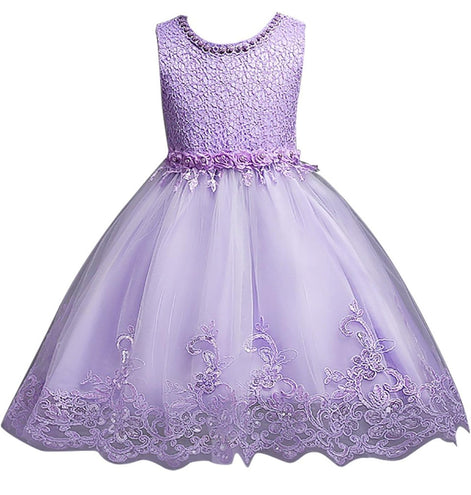 DreamHigh Flower Girl Dress for 3-10 Years Old Girls by AURORE LUXURE, featuring a beautiful purple floral dress with intricate pearl embroidery and a stylish tulle skirt.