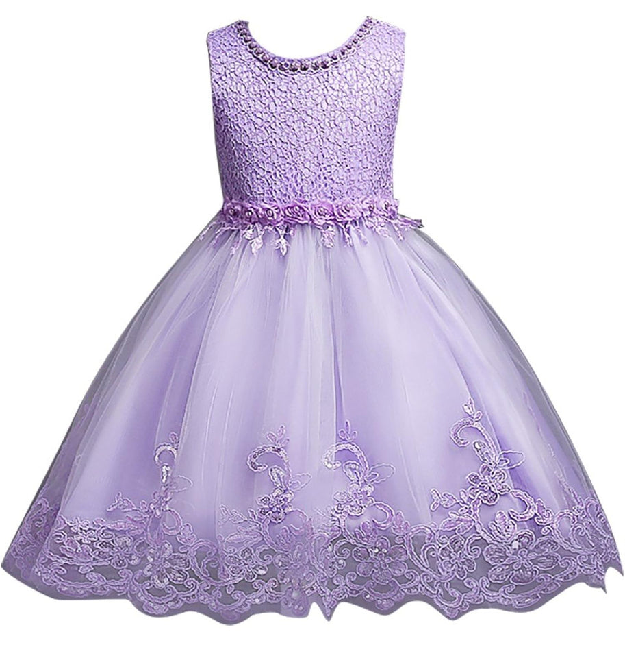 DreamHigh Flower Girl Dress for 3-10 Years Old Girls by AURORE LUXURE, featuring a beautiful purple floral dress with intricate pearl embroidery and a stylish tulle skirt.