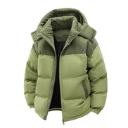 Mens Puffer Jacket Casual Warm Winter Jacket by AURORE LUXURE in olive green featuring a trendy design and detachable hood for winter style.