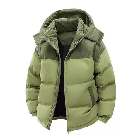 Mens Puffer Jacket Casual Warm Winter Jacket by AURORE LUXURE in olive green featuring a trendy design and detachable hood for winter style.