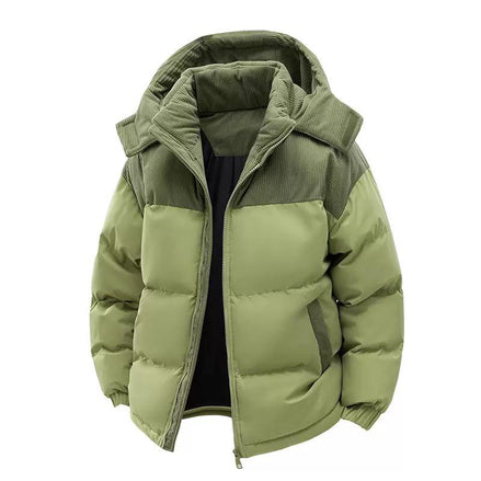 Mens Puffer Jacket Casual Warm Winter Jacket by AURORE LUXURE in olive green featuring a trendy design and detachable hood for winter style.