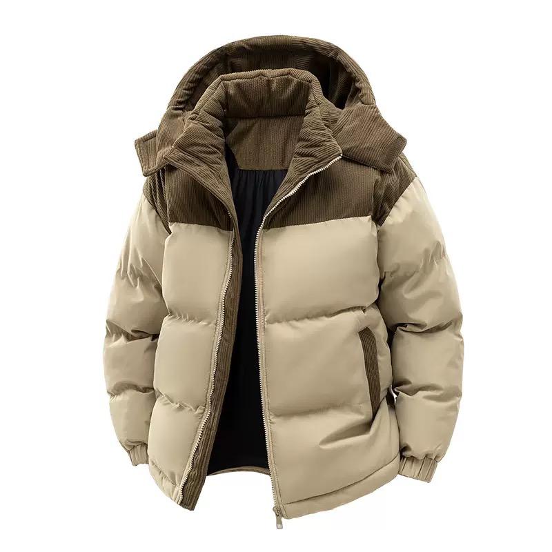 Mens Puffer Jacket Casual Warm Winter Jacket by AURORE LUXURE in beige color with a detachable hood, ideal for casual winter outings.