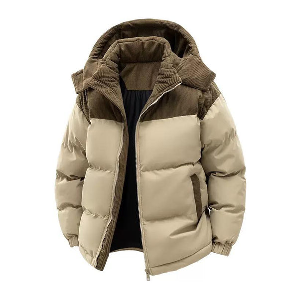 Mens Puffer Jacket Casual Warm Winter Jacket by AURORE LUXURE in beige color with a detachable hood, ideal for casual winter outings.