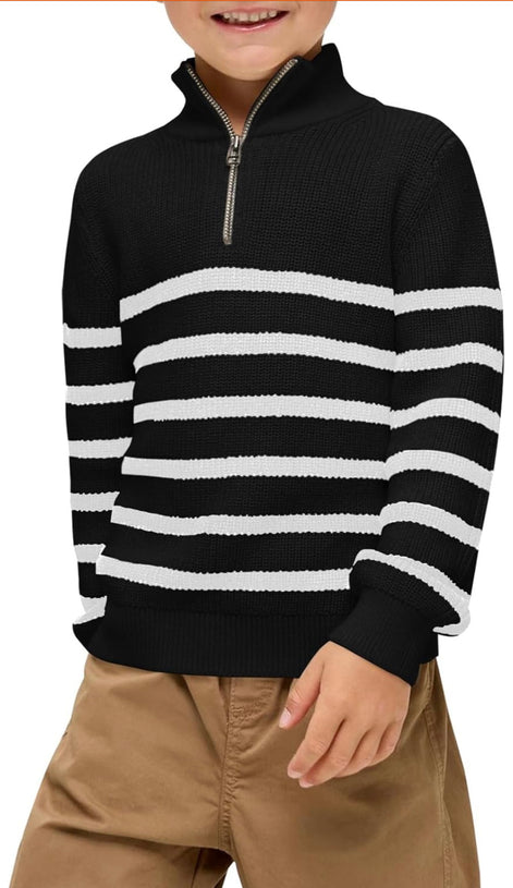 Boys Striped Quarter Zip Sweater - Long Sleeve Knit Pullover | AURORE LUXURE