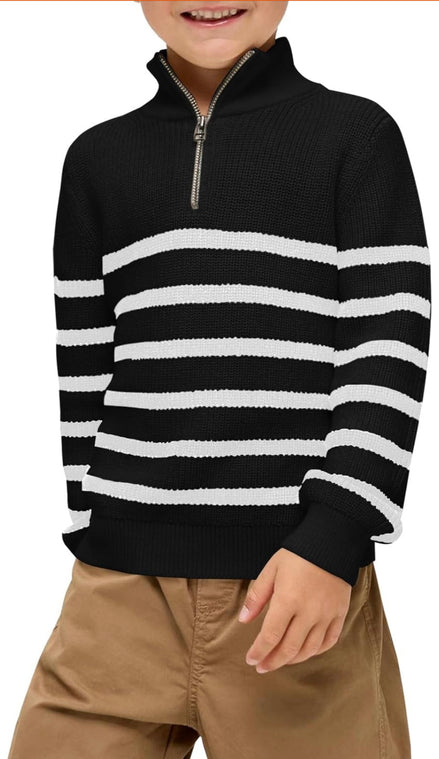 Boys Striped Quarter Zip Sweater - Long Sleeve Knit Pullover | AURORE LUXURE