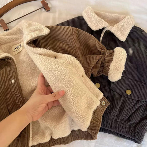 Image d'une veste en corduroy pour bébé garçon, modèle d'AURORE LUXURE, cosy et chaude grâce à sa doublure en sherpa.