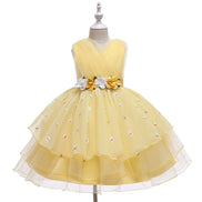 Trendy yellow mesh dress on display, designed for kids in the Baby Girls Dresses Summer range.