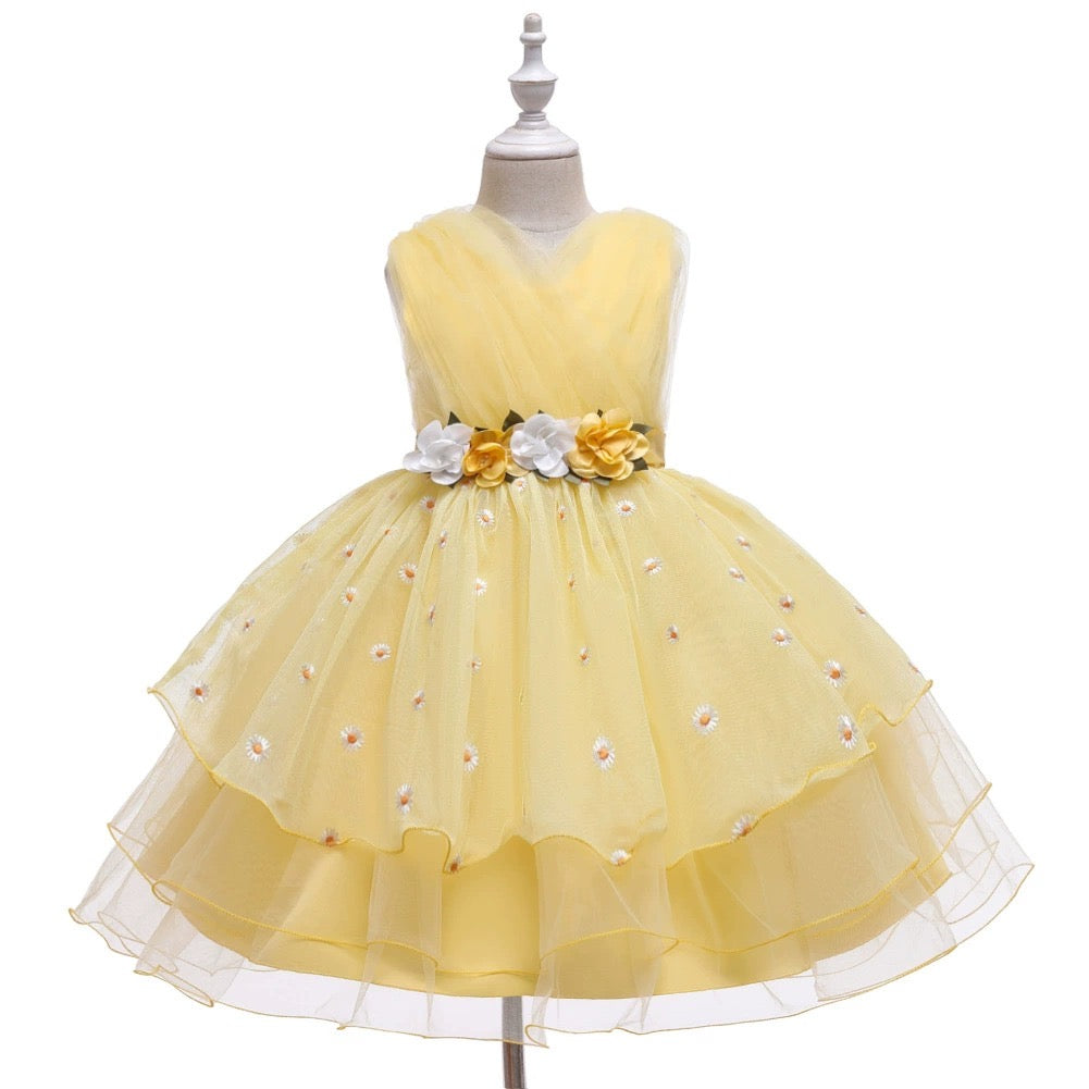 Trendy yellow mesh dress on display, designed for kids in the Baby Girls Dresses Summer range.