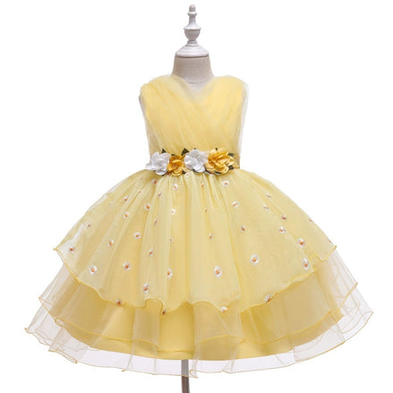 Trendy yellow mesh dress on display, designed for kids in the Baby Girls Dresses Summer range.