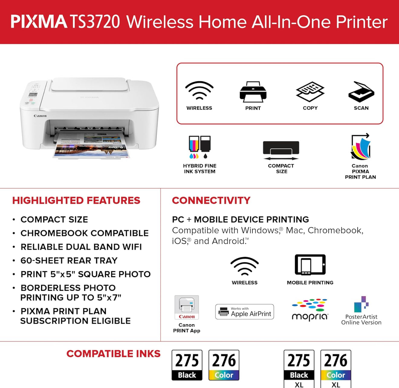 Canon PIXMA TS3720 Wireless All-in-One Printer for Basic Home Printing, White