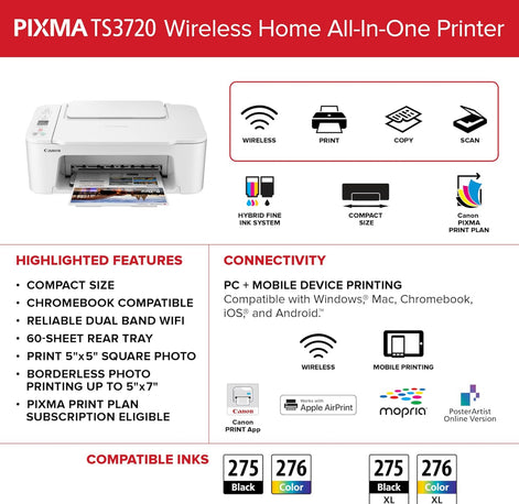 Canon PIXMA TS3720 Wireless All-in-One Printer for Basic Home Printing, White