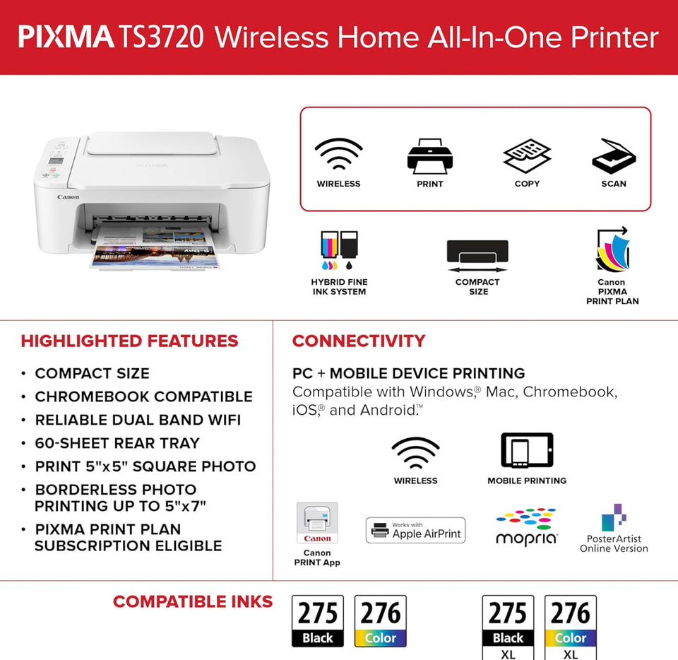 Canon PIXMA TS3720 Wireless All-in-One Printer for Basic Home Printing, White