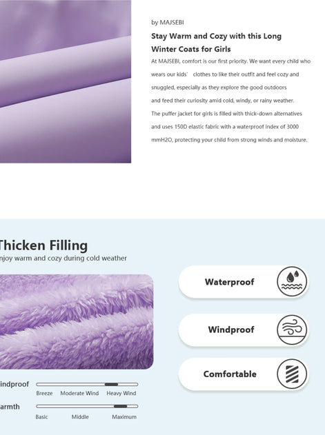 Girls’ Winter Waterproof Long Puffer Coat – Warm Kids Parka Jacket with Removable Hood