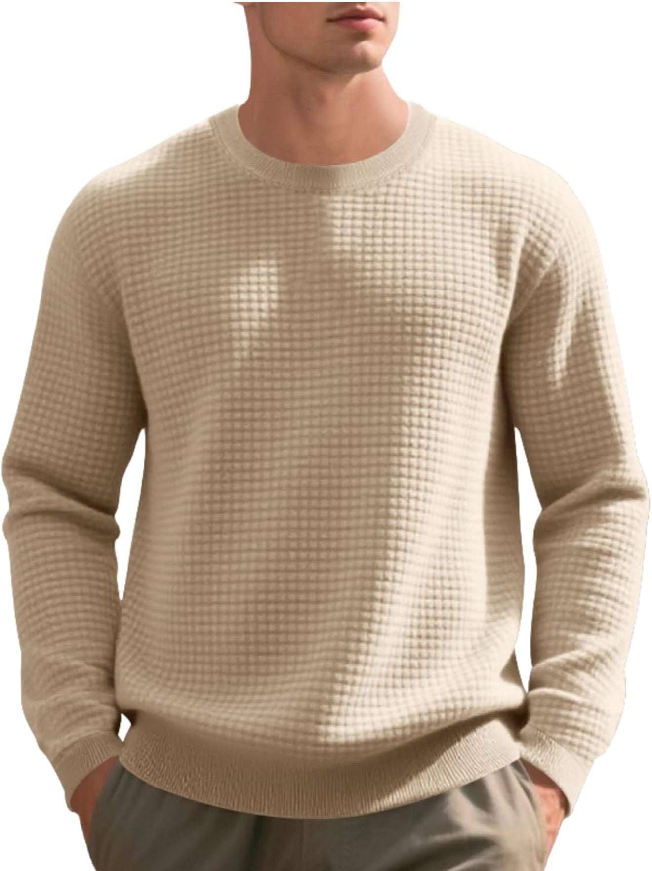 Men's Textured Knit Pullover - Casual Crewneck Waffle Sweater | AURORE LUXURE