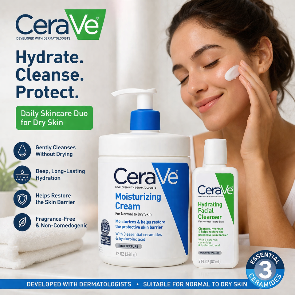 CeraVe Hydrating Cleanser & Moisturizing Cream Set for Dry Skin (12oz + 3oz)
