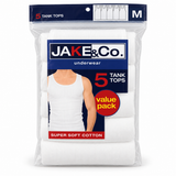 JAKE&CO. Men’s White Ribbed Tank Tops, 5-Pack, Super Soft Cotton Undershirts, Size Medium