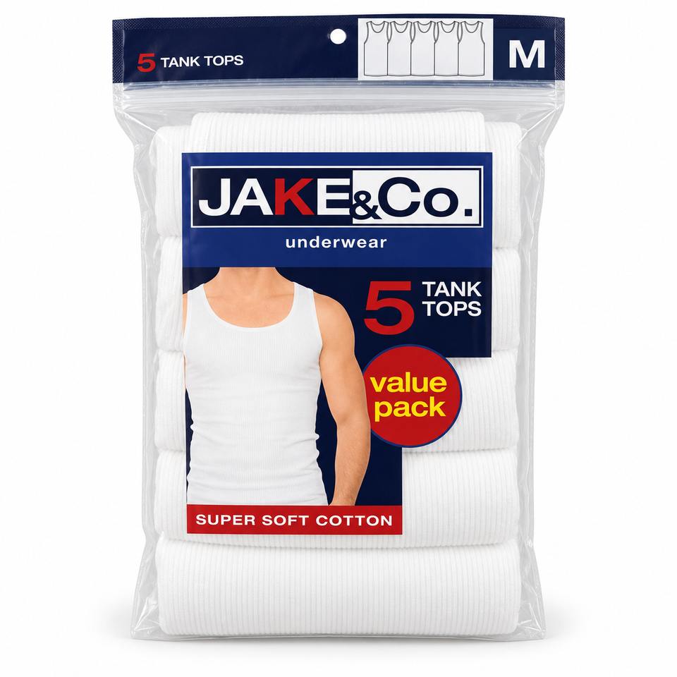 JAKE&CO. Men’s White Ribbed Tank Tops, 5-Pack, Super Soft Cotton Undershirts, Size Medium