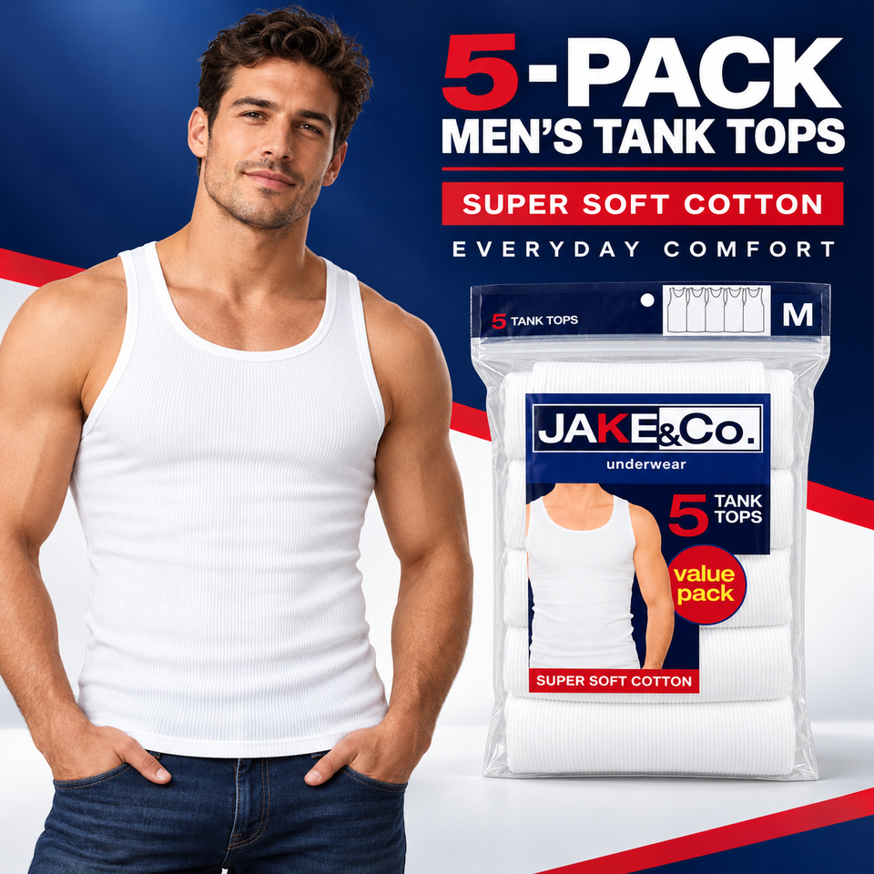 JAKE&CO. Men’s White Ribbed Tank Tops, 5-Pack, Super Soft Cotton Undershirts, Size Medium