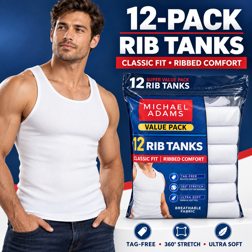 Michael Adams Men’s White Ribbed Tank Undershirts, 12-Pack, Classic Fit, Tag-Free Stretch Comfort