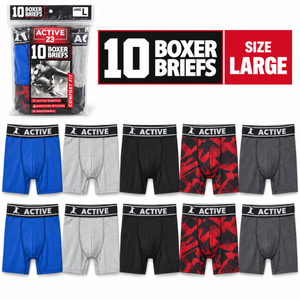 Active 23 Men’s Boxer Briefs, 10-Pack, Comfort Fit, Moisture-Wicking Stretch Underwear, Size Large