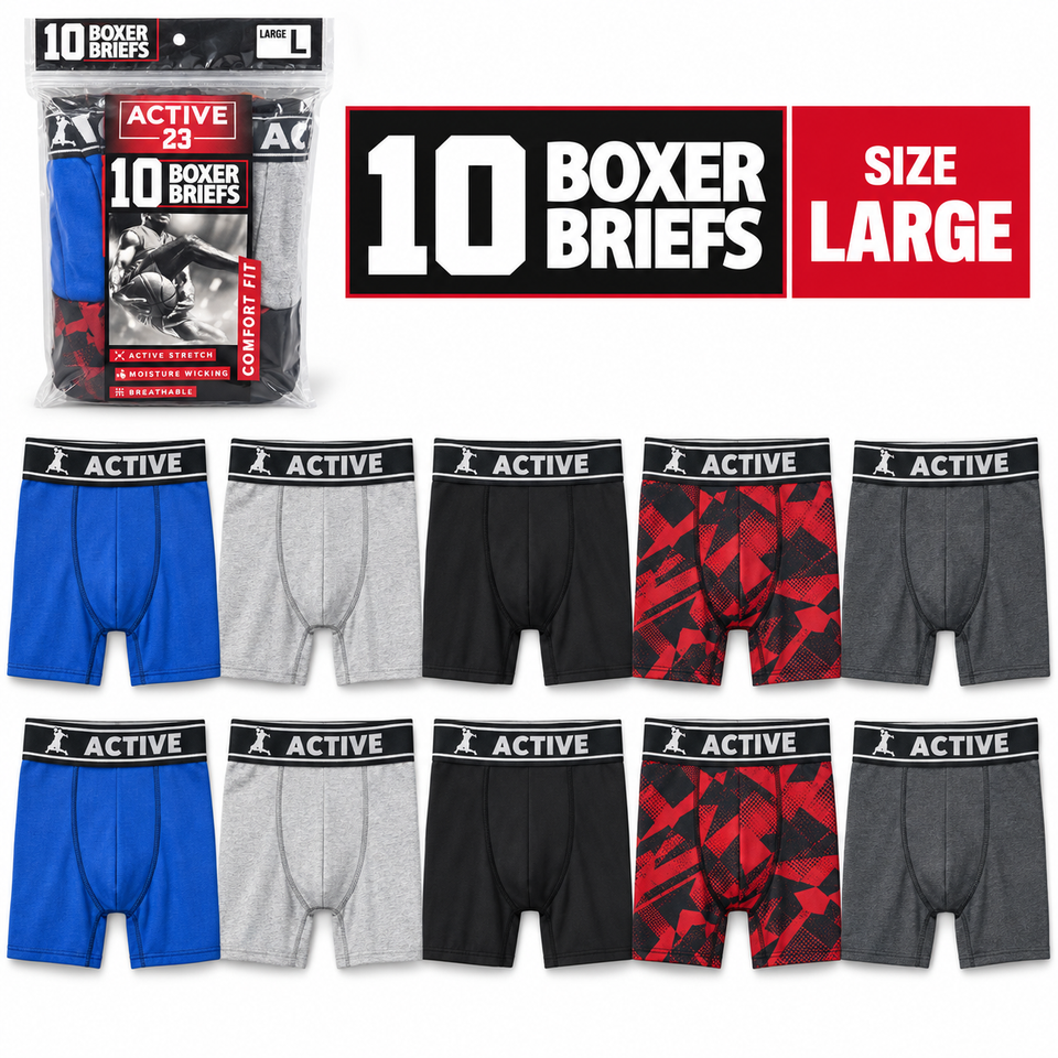Active 23 Men’s Boxer Briefs, 10-Pack, Comfort Fit, Moisture-Wicking Stretch Underwear, Size Large