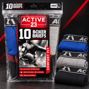 Active 23 Men’s Boxer Briefs, 10-Pack, Comfort Fit, Moisture-Wicking Stretch Underwear, Size Large