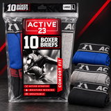 Active 23 Men’s Boxer Briefs, 10-Pack, Comfort Fit, Moisture-Wicking Stretch Underwear, Size Large