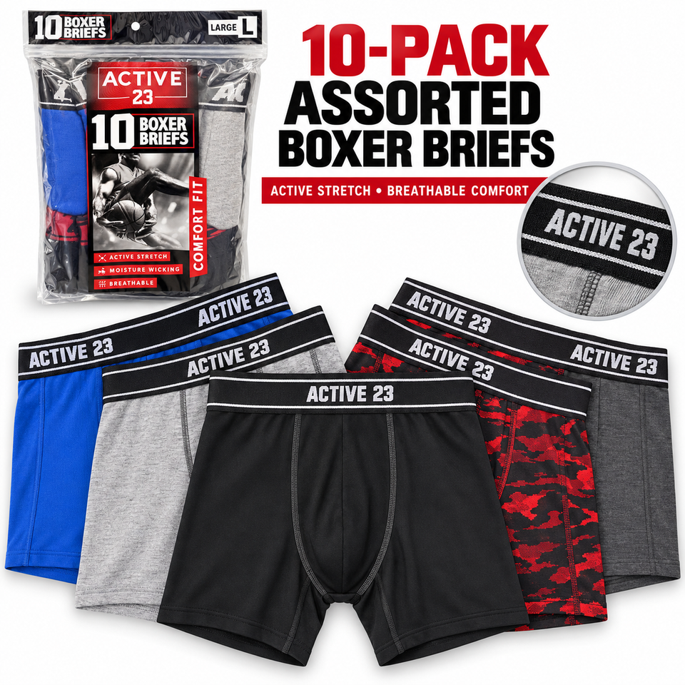Active 23 Men’s Boxer Briefs, 10-Pack, Comfort Fit, Moisture-Wicking Stretch Underwear, Size Large