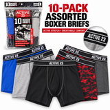 Active 23 Men’s Boxer Briefs, 10-Pack, Comfort Fit, Moisture-Wicking Stretch Underwear, Size Large