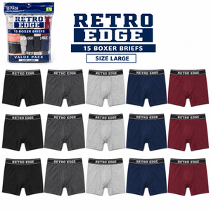 Retro Edge Men’s Boxer Briefs, 15-Pack, Assorted Colors, Comfort Waistband, Size Large