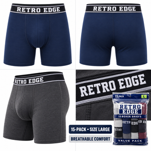Retro Edge Men’s Boxer Briefs, 15-Pack, Assorted Colors, Comfort Waistband, Size Large