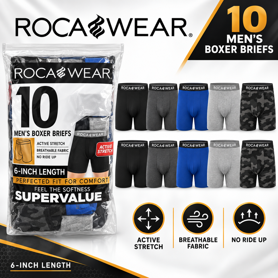 Rocawear Men’s Boxer Briefs, 10-Pack, 6-Inch Length, Active Stretch, Assorted Colors