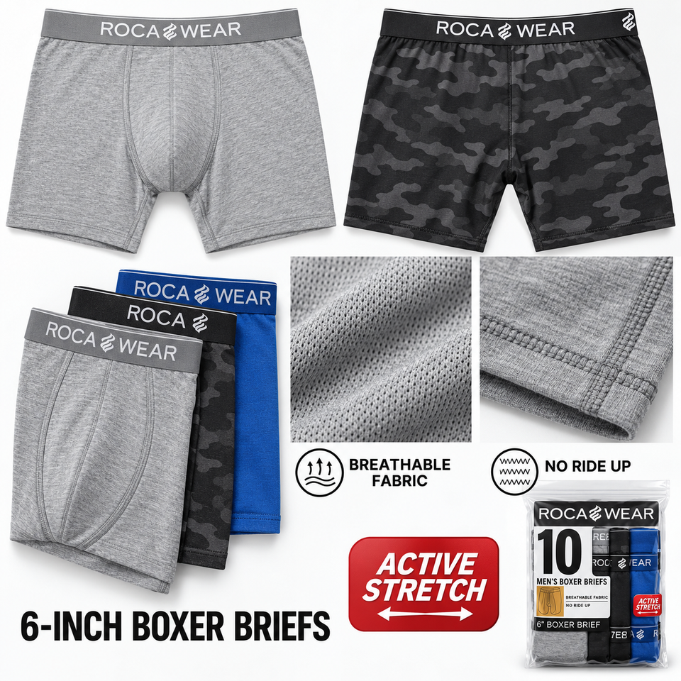 Rocawear Men’s Boxer Briefs, 10-Pack, 6-Inch Length, Active Stretch, Assorted Colors