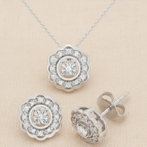 Delicate 2-Pc. Diamond Flower Pendant Necklace & Matching Stud Earrings Set in Sterling Silver (1/6 ct. t.w.)